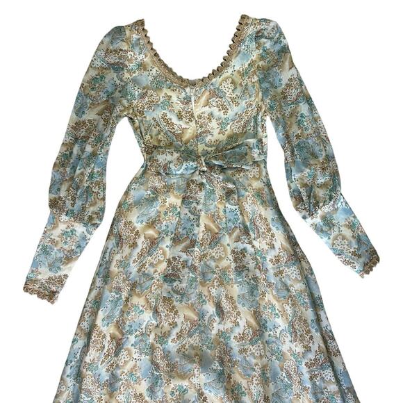 70s vintage prairie dress victorian cream green blue lace - Picture 4 of 6
